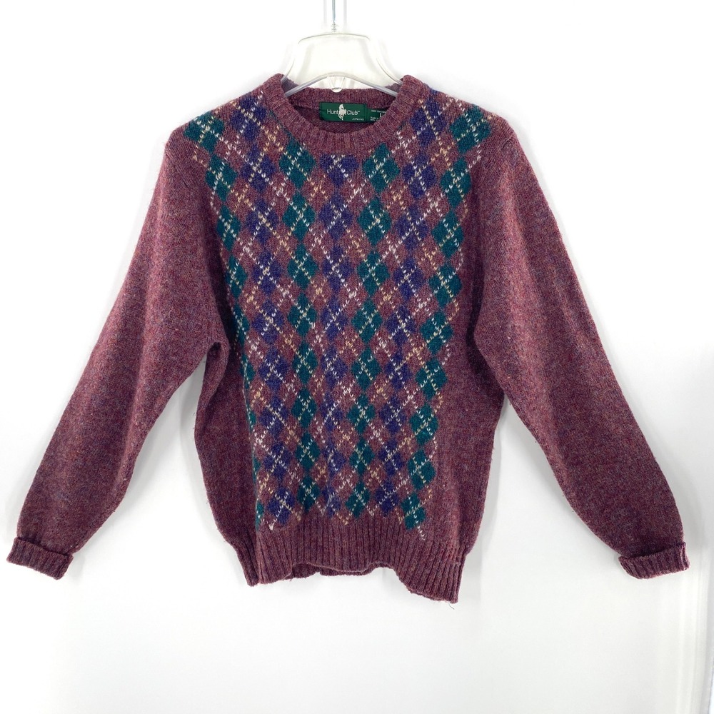 Vintage Hunt Club Men's Argyle Shetland Wool Sweater Crew Neck Burgundy Large‎